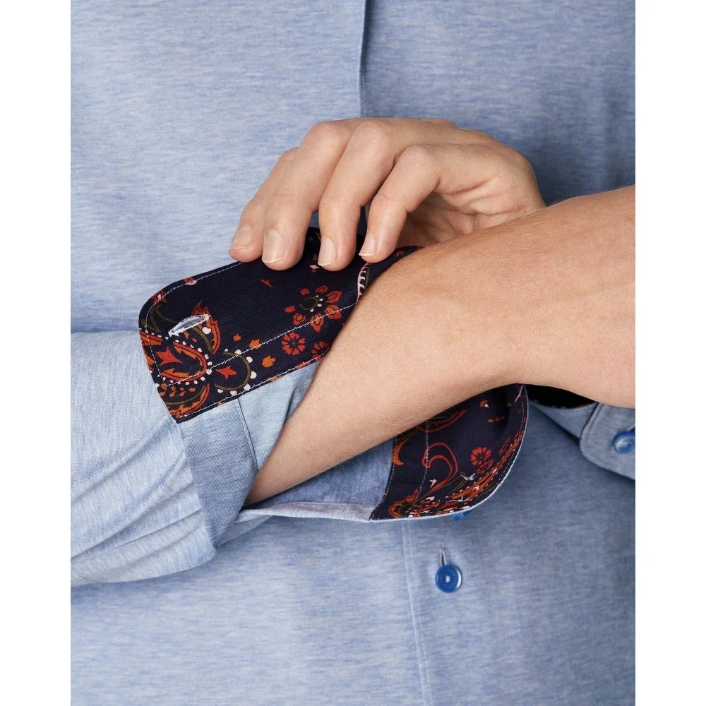 Eton Blue Stretch Jersey Shirt Contemporary Fit Men L Flip cuff Paisley Contrast - Picture 6 of 8